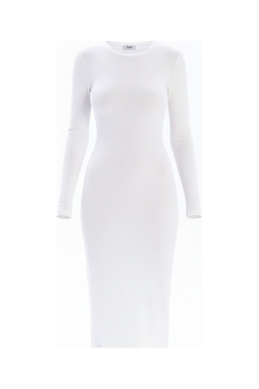 White Ribbed Long Sleeve Midi Dress photo 1