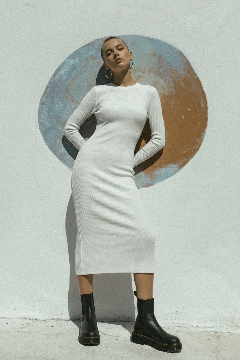 White Ribbed Long Sleeve Midi Dress photo 3