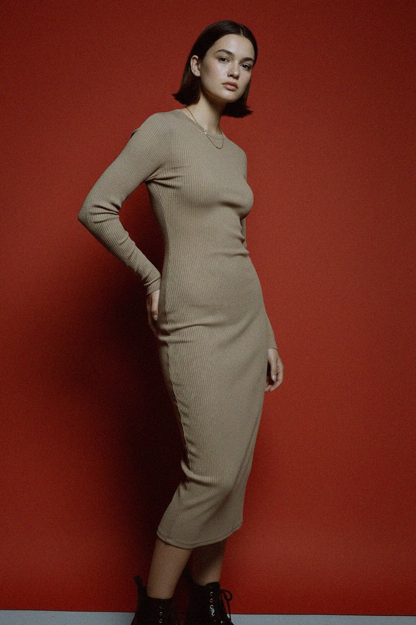 Elegant Ribbed Knit Long Sleeve Midi Dress photo 2