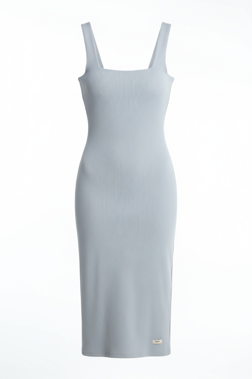 Ribbed Square Neck Fitted Midi Dress photo 1