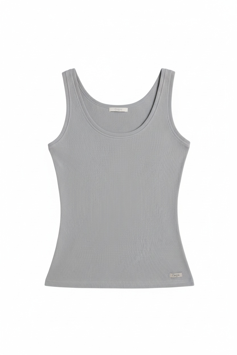 Fitted Grey Ribbed Scoop Neck Tank Top photo 1