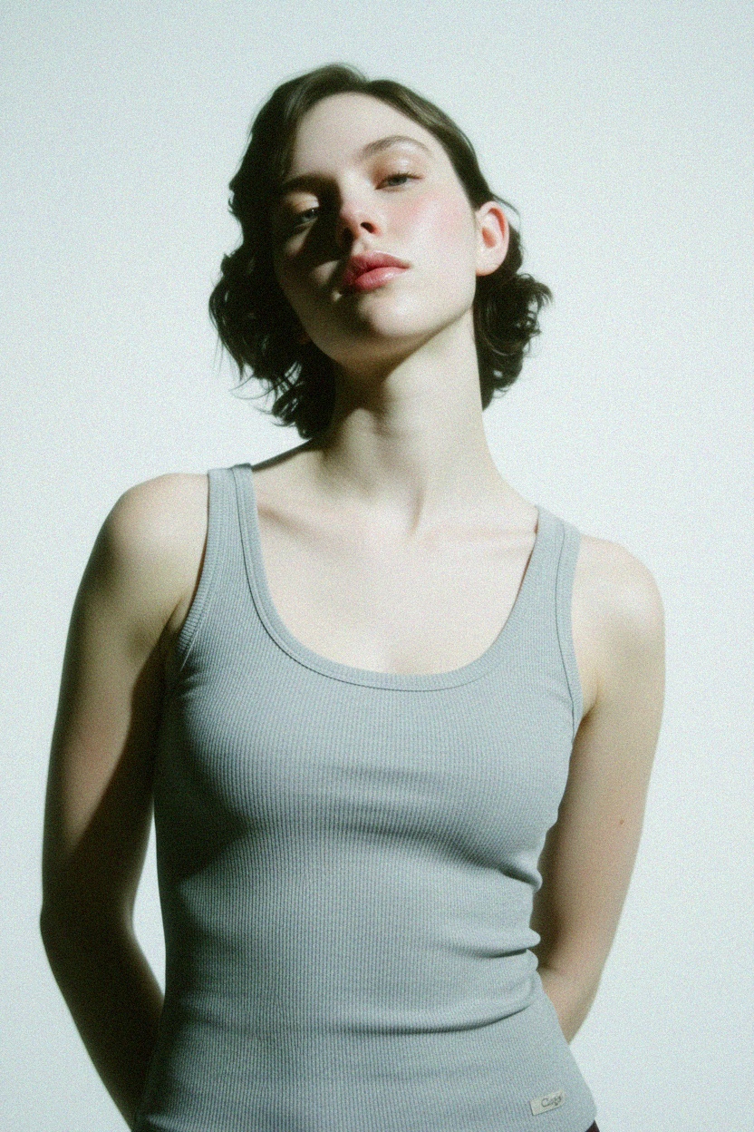 Fitted Grey Ribbed Scoop Neck Tank Top photo 2