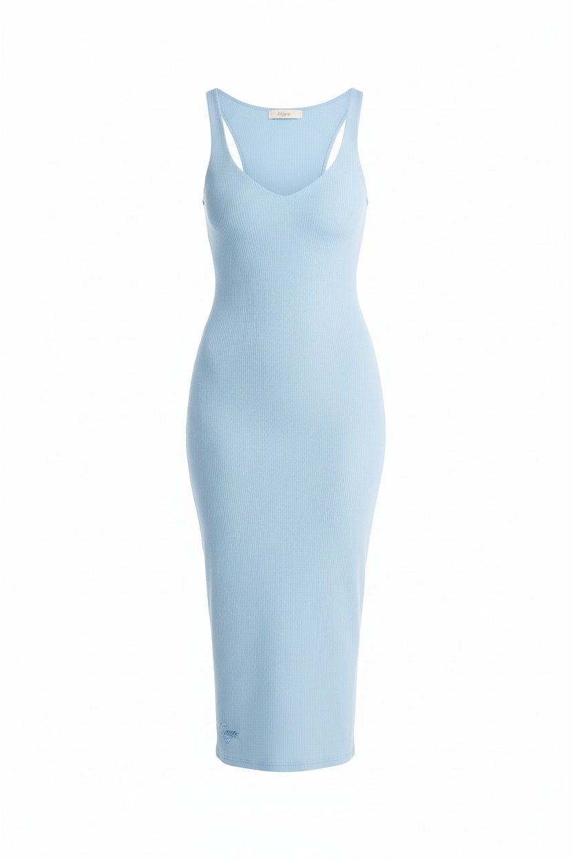 Light Blue Ribbed V-Neck Bodycon Midi Dress photo 1