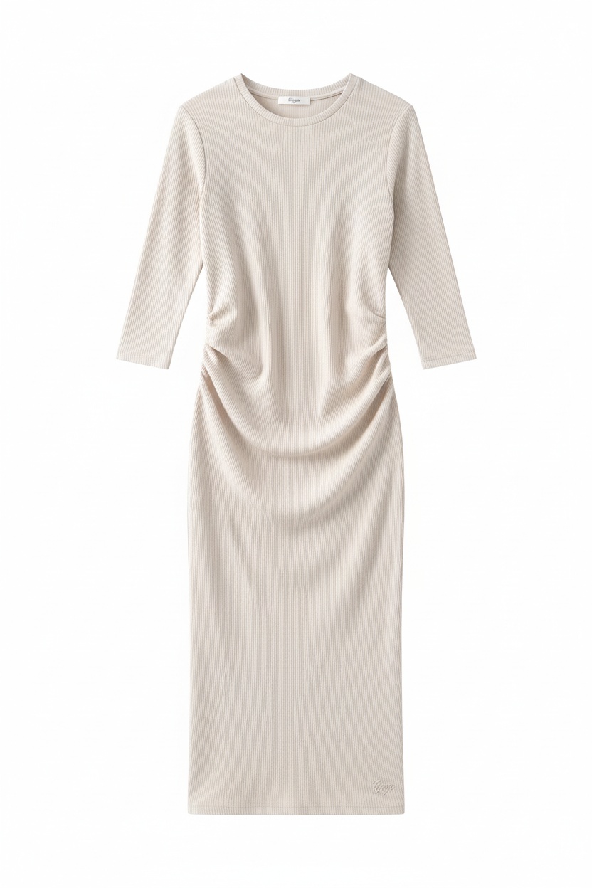 Ribbed Knit Midi Dress with 3/4 Sleeves photo 1