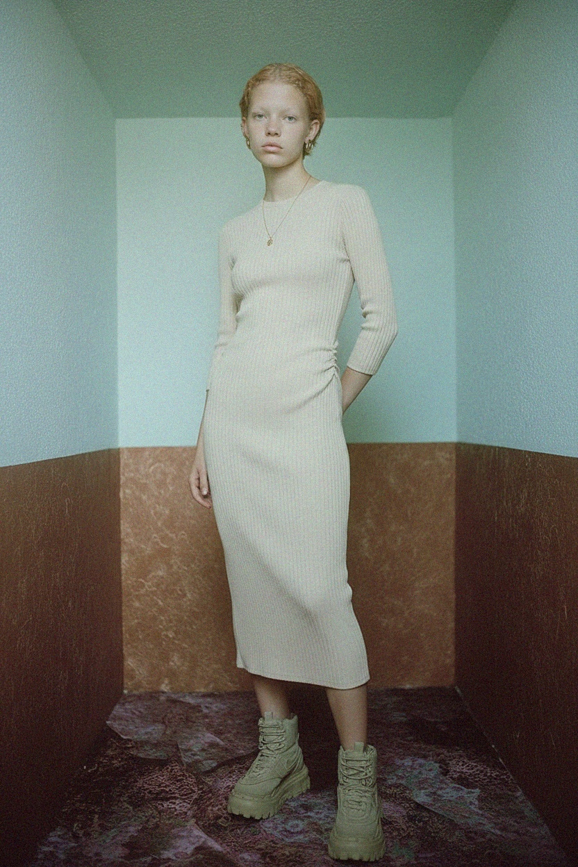 Ribbed Knit Midi Dress with 3/4 Sleeves photo 2