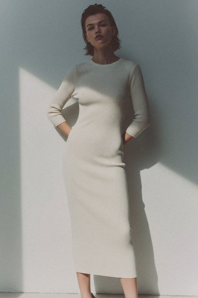 Ribbed Knit Midi Dress with 3/4 Sleeves photo 3