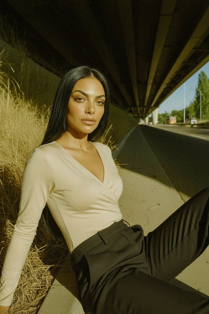 Elegant Beige Long Sleeve Wrap Blouse photo 3