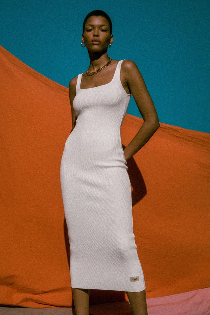 Sleek Ribbed Bodycon Midi Dress in White photo 3