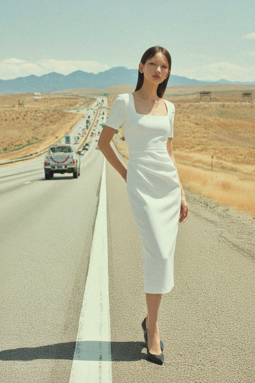 Elegant White Square Neck Midi Dress photo 2
