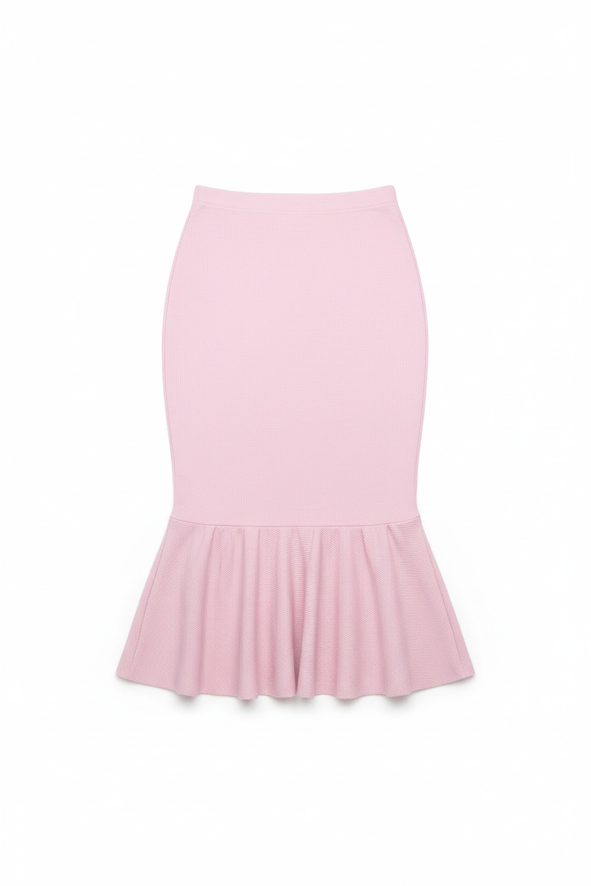 Pink Ribbed Fitted Midi Skirt with Ruffle Hem photo 1