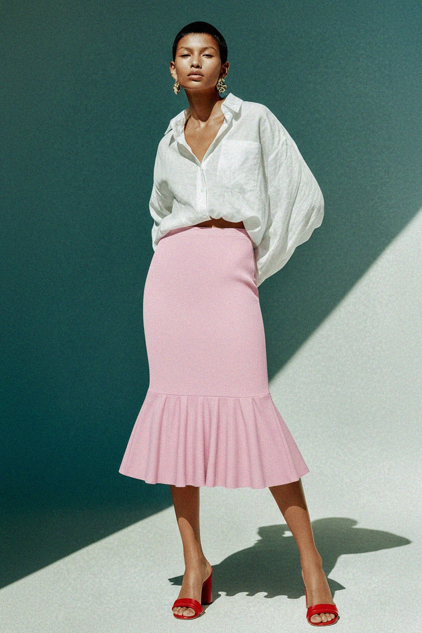 Pink Ribbed Fitted Midi Skirt with Ruffle Hem photo 3