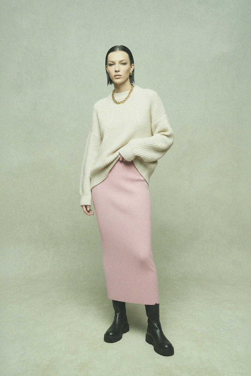Ribbed Knit Maxi Skirt in Soft Pink photo 2