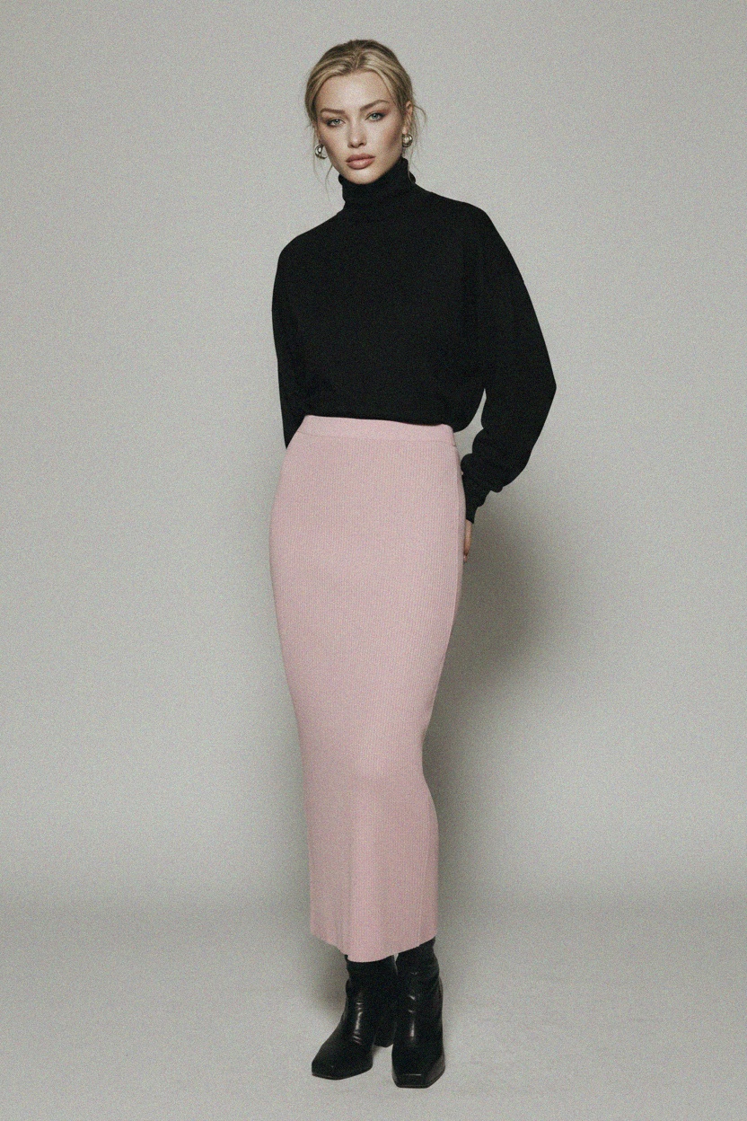 Ribbed Knit Maxi Skirt in Soft Pink photo 3