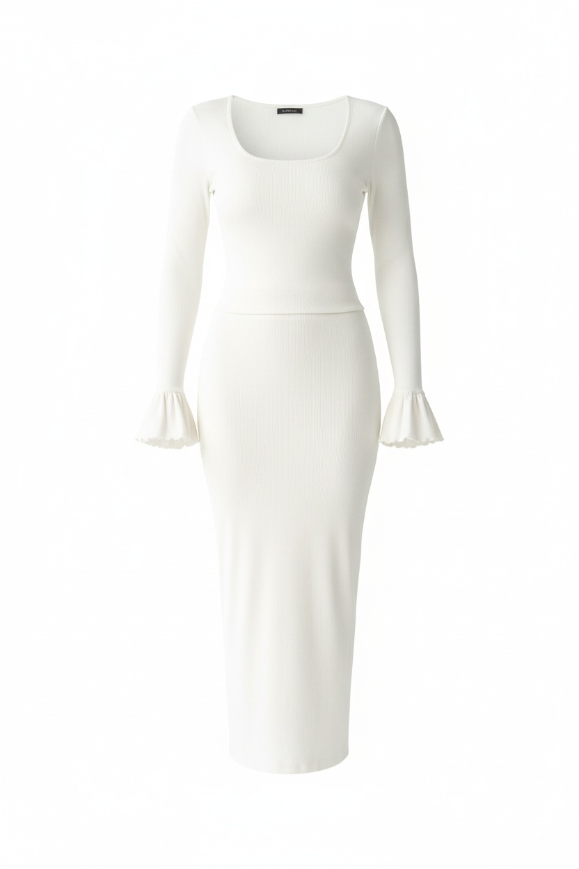 Fitted Ribbed Knit Long Sleeve Top & Skirt Set photo 1