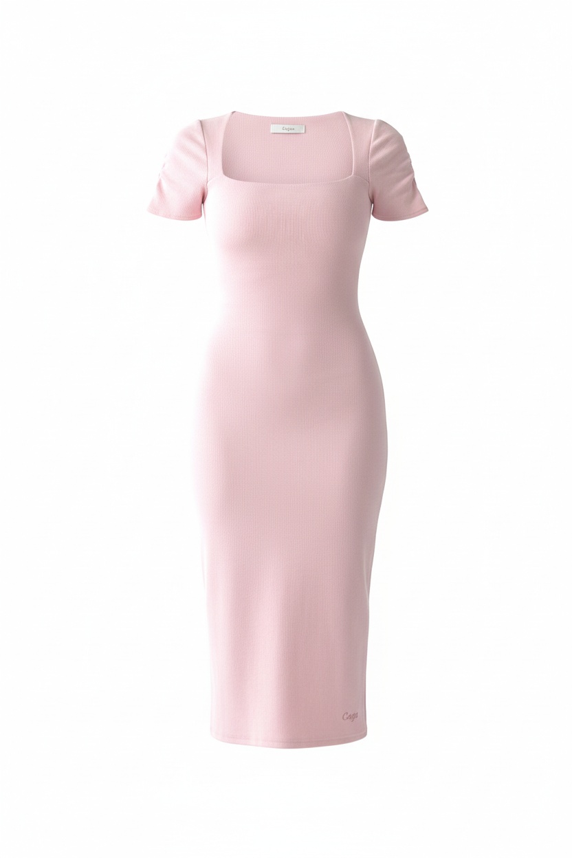 Pink Ribbed Knit Square Neck Midi Dress photo 1