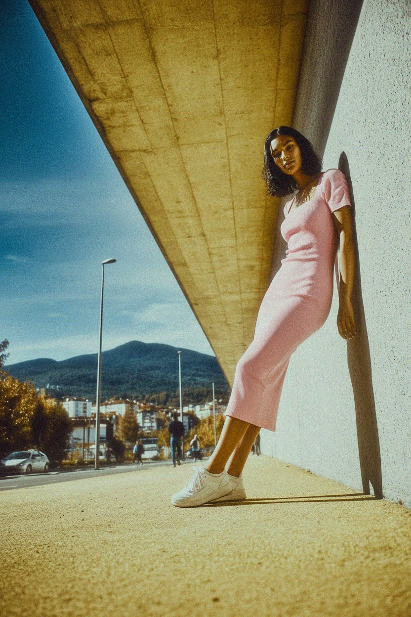 Pink Ribbed Knit Square Neck Midi Dress photo 3