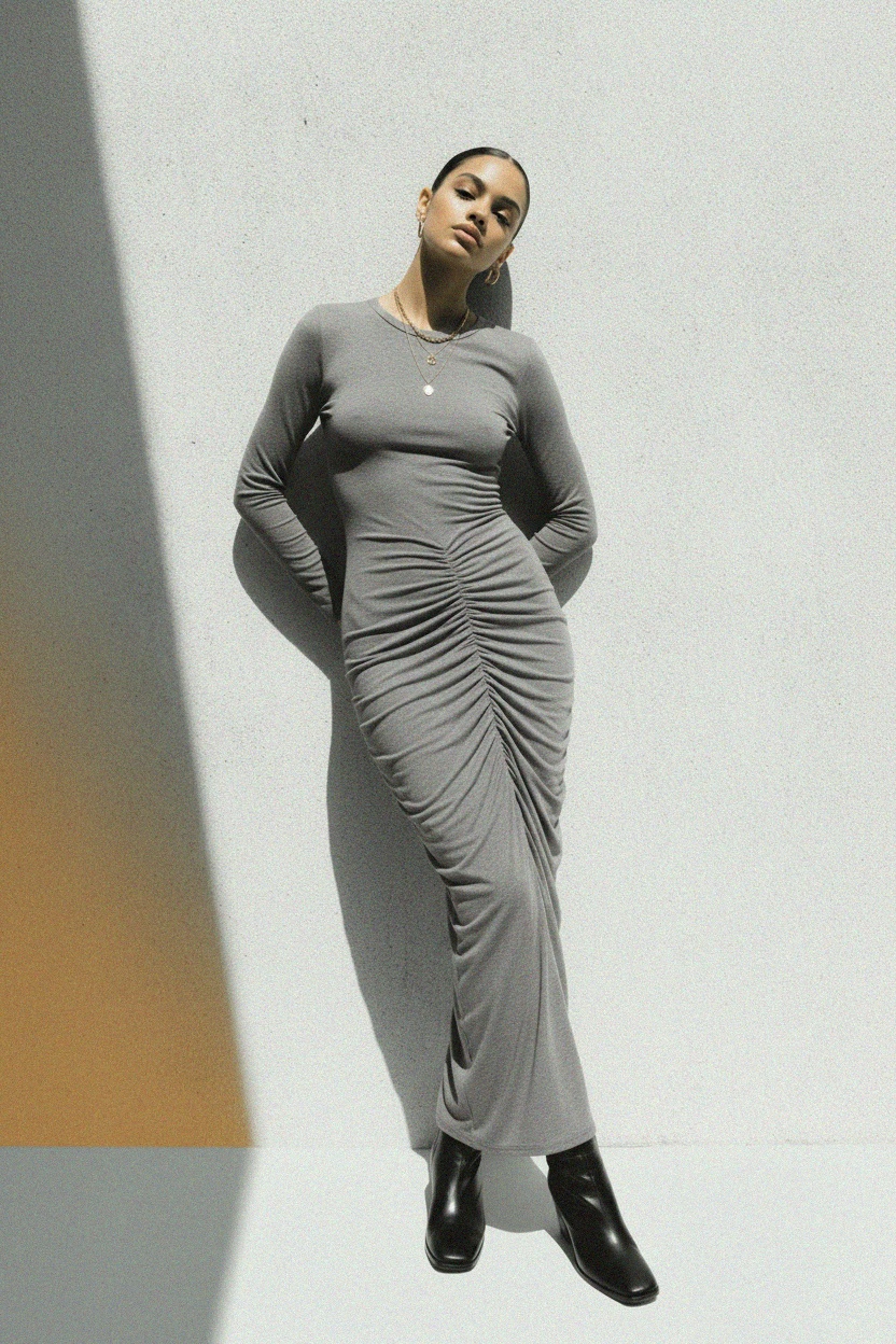 Fitted Grey Long Sleeve Maxi Dress photo 3