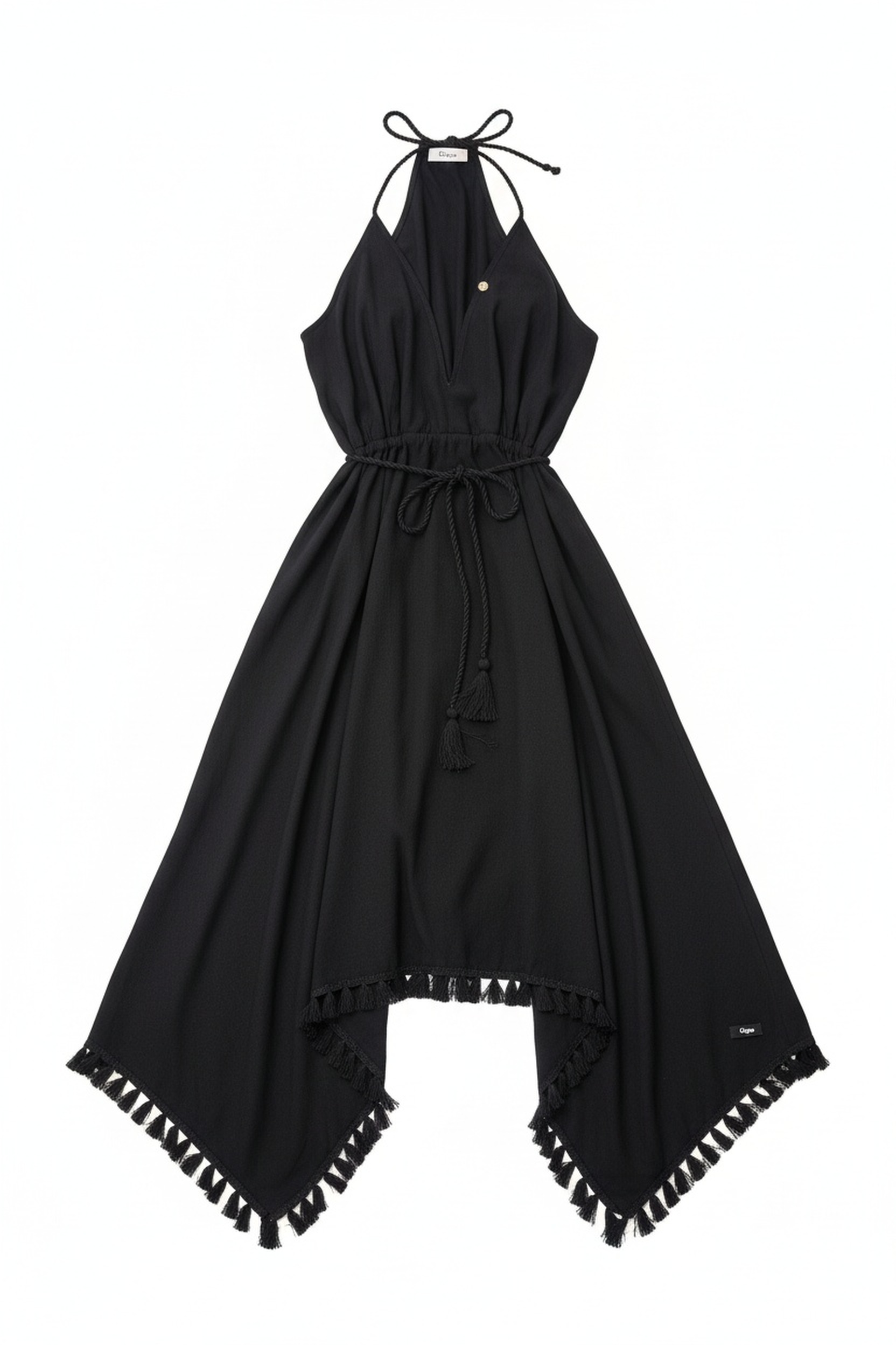 Black Halter Neck Midi Dress with Braided Waist & Tassels photo 1