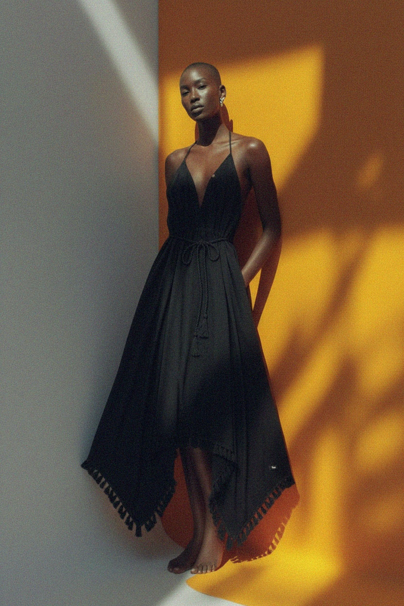 Black Halter Neck Midi Dress with Braided Waist & Tassels photo 4