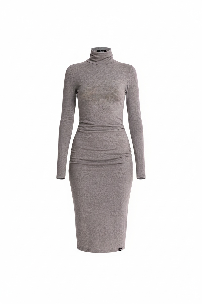 Grey Fitted Midi Turtleneck Dress photo 1