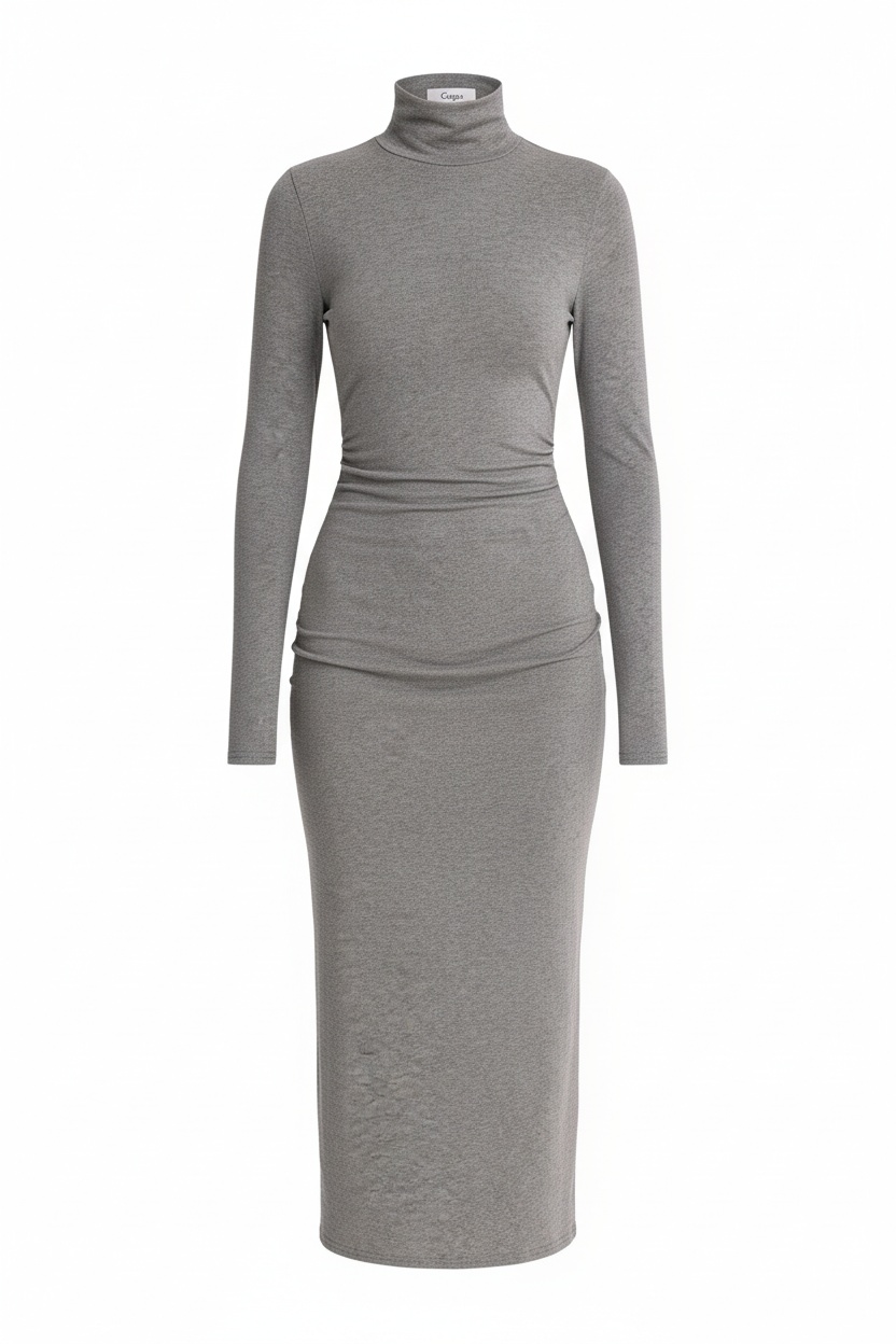 Fitted Long Sleeve Turtleneck Midi Dress photo 1