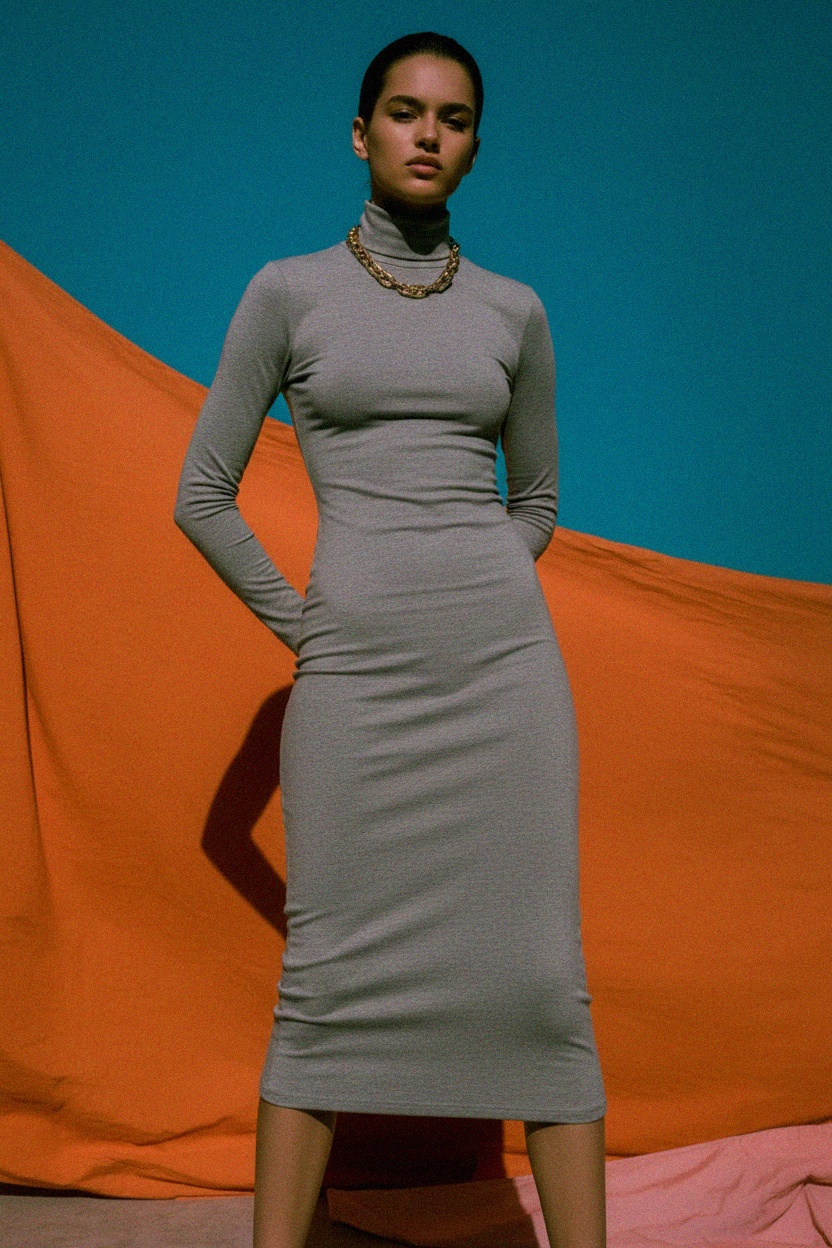 Fitted Long Sleeve Turtleneck Midi Dress photo 3