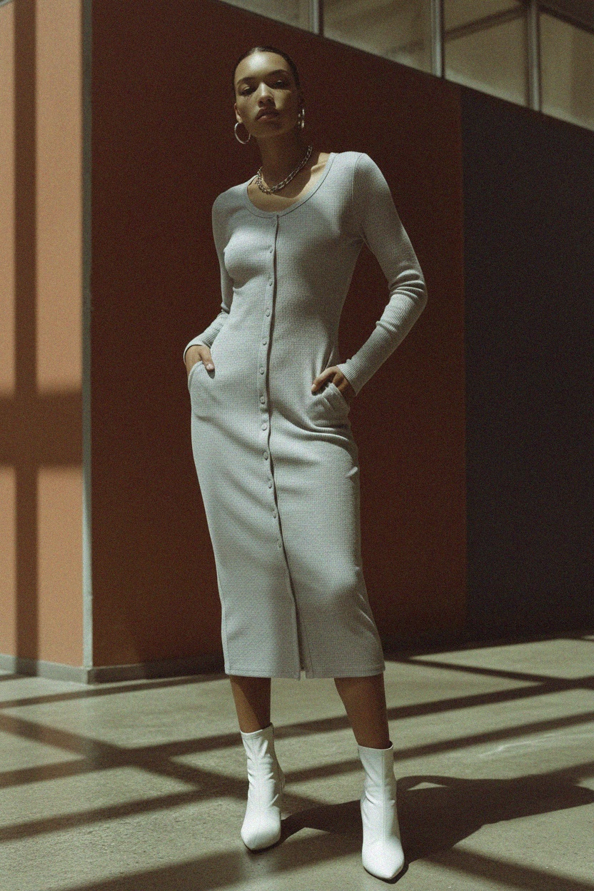 Form-Fitting Ribbed Button-Front Midi Dress photo 2