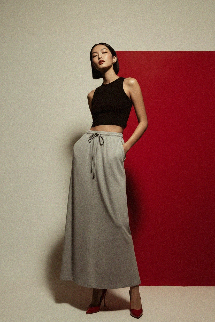 Comfortable Grey Maxi Skirt with Drawstring Waist photo 2