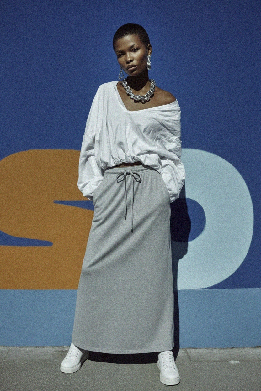 Comfortable Grey Maxi Skirt with Drawstring Waist photo 4