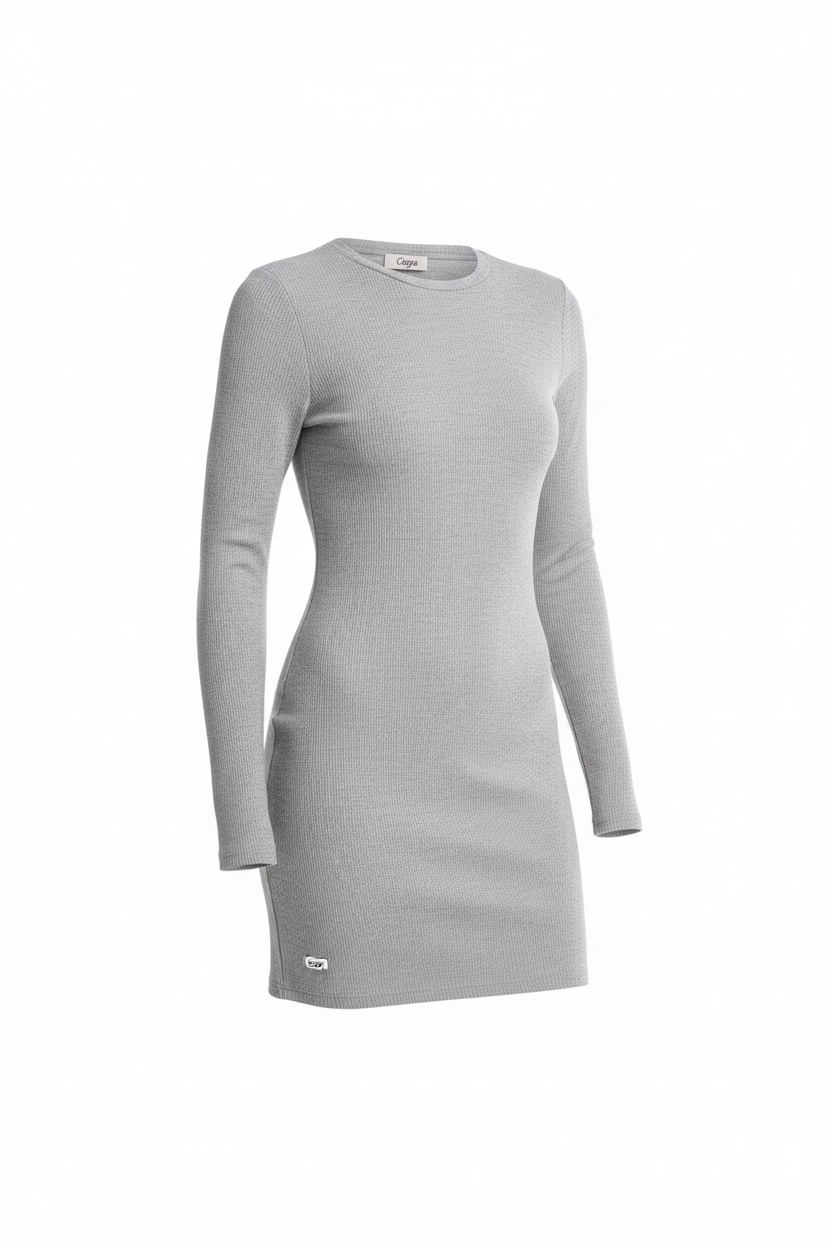 Grey Ribbed Long Sleeve Mini Dress photo 1