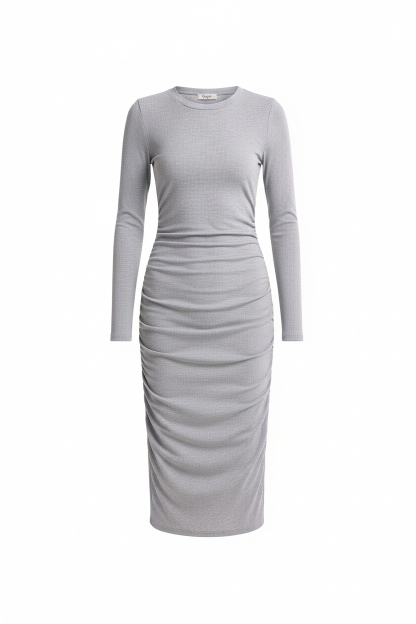 Grey Ribbed Long Sleeve Midi Dress photo 1
