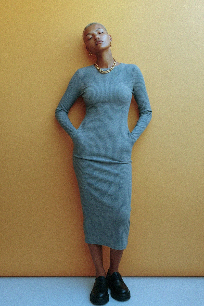 Grey Ribbed Long Sleeve Midi Dress photo 3