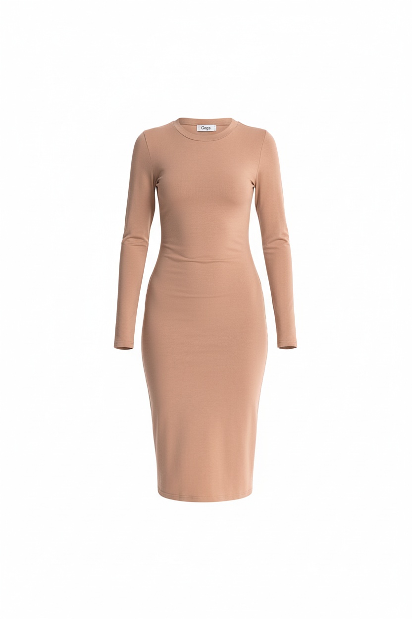 Classic Beige Long Sleeve Midi Fit Dress photo 1