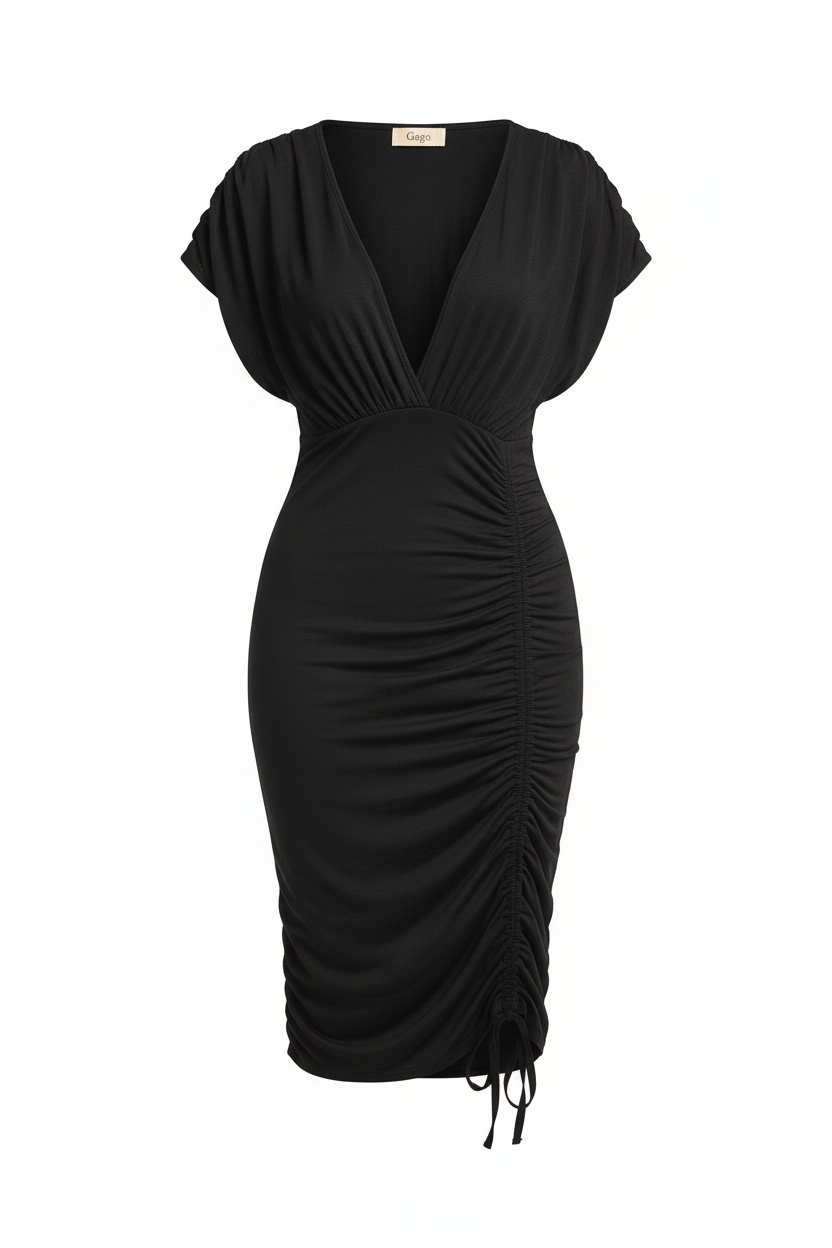 Sleek Black V-Neck Ruched Bodycon Midi Dress photo 1