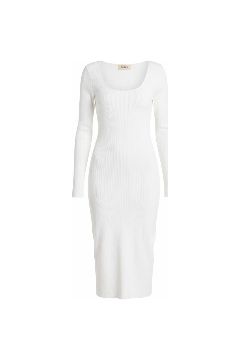 White Long Sleeve Ribbed Midi Dress photo 1