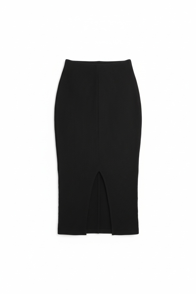 Black Ribbed Midi Skirt with Front Slit photo 1