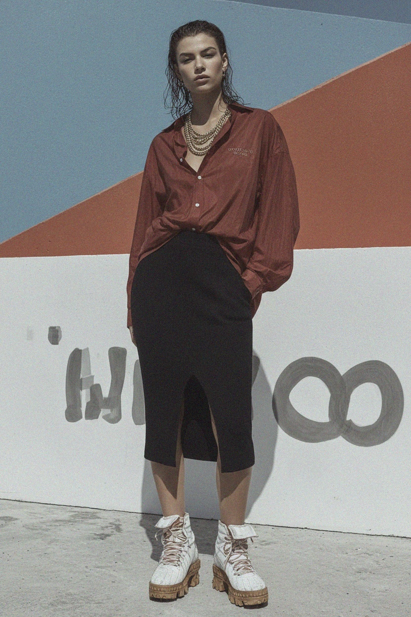 Black Ribbed Midi Skirt with Front Slit photo 3