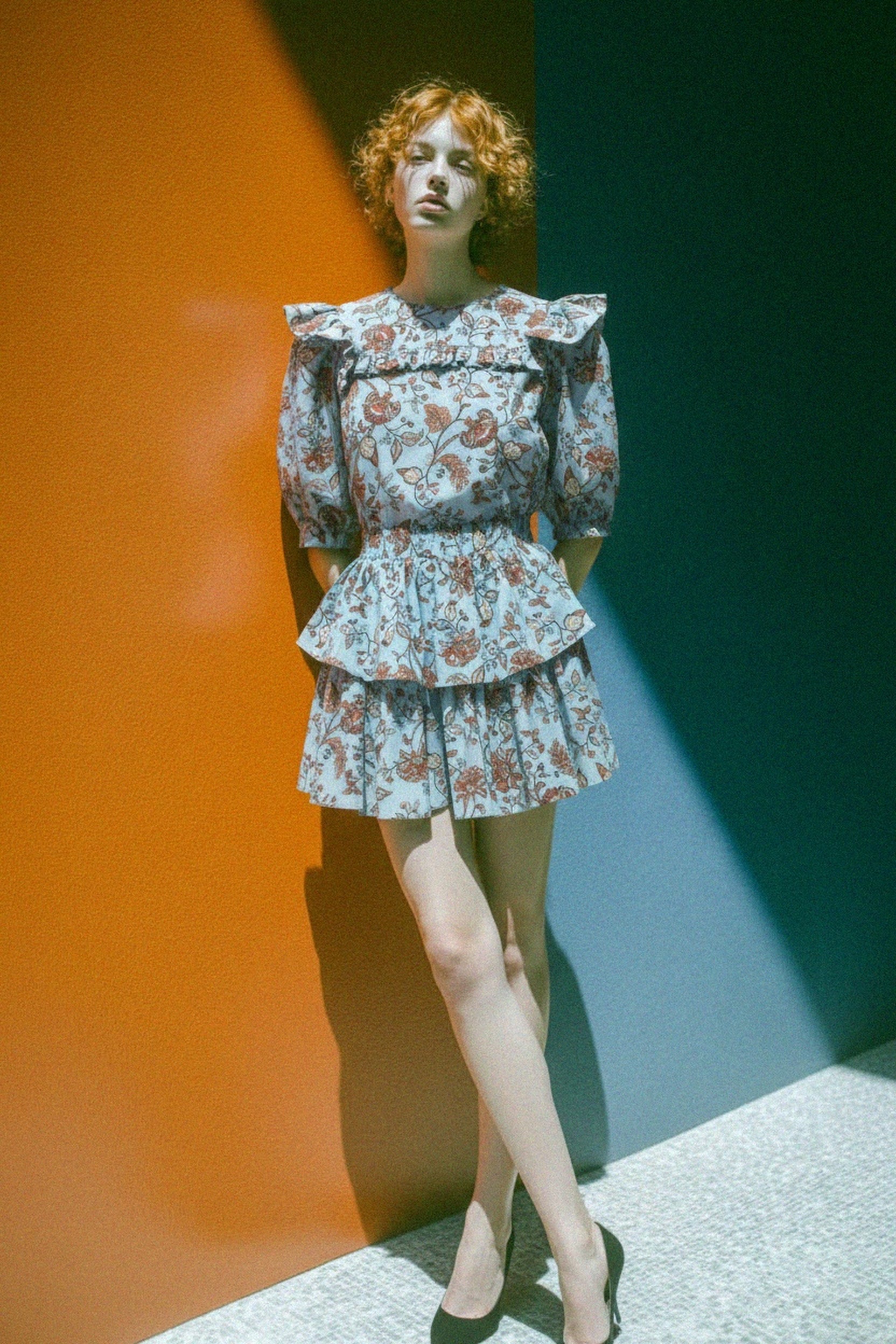 Blue Floral Ruffle Mini Dress photo 2