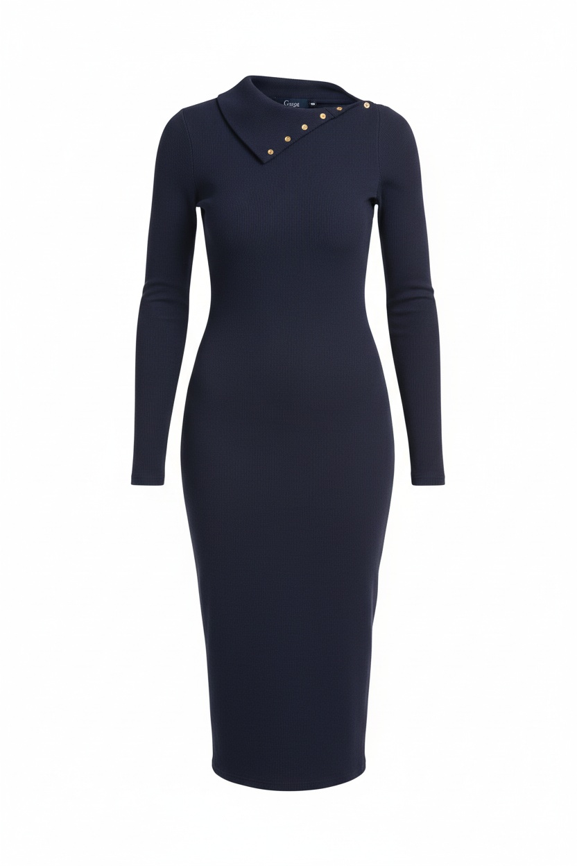 Fitted Ribbed Midi Dress with Asymmetric Button Neck photo 1