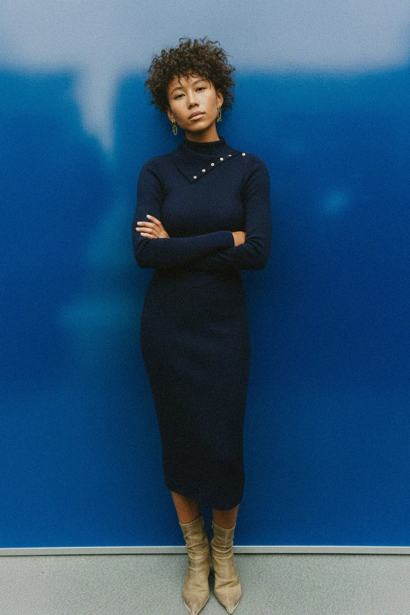 Fitted Ribbed Midi Dress with Asymmetric Button Neck photo 3