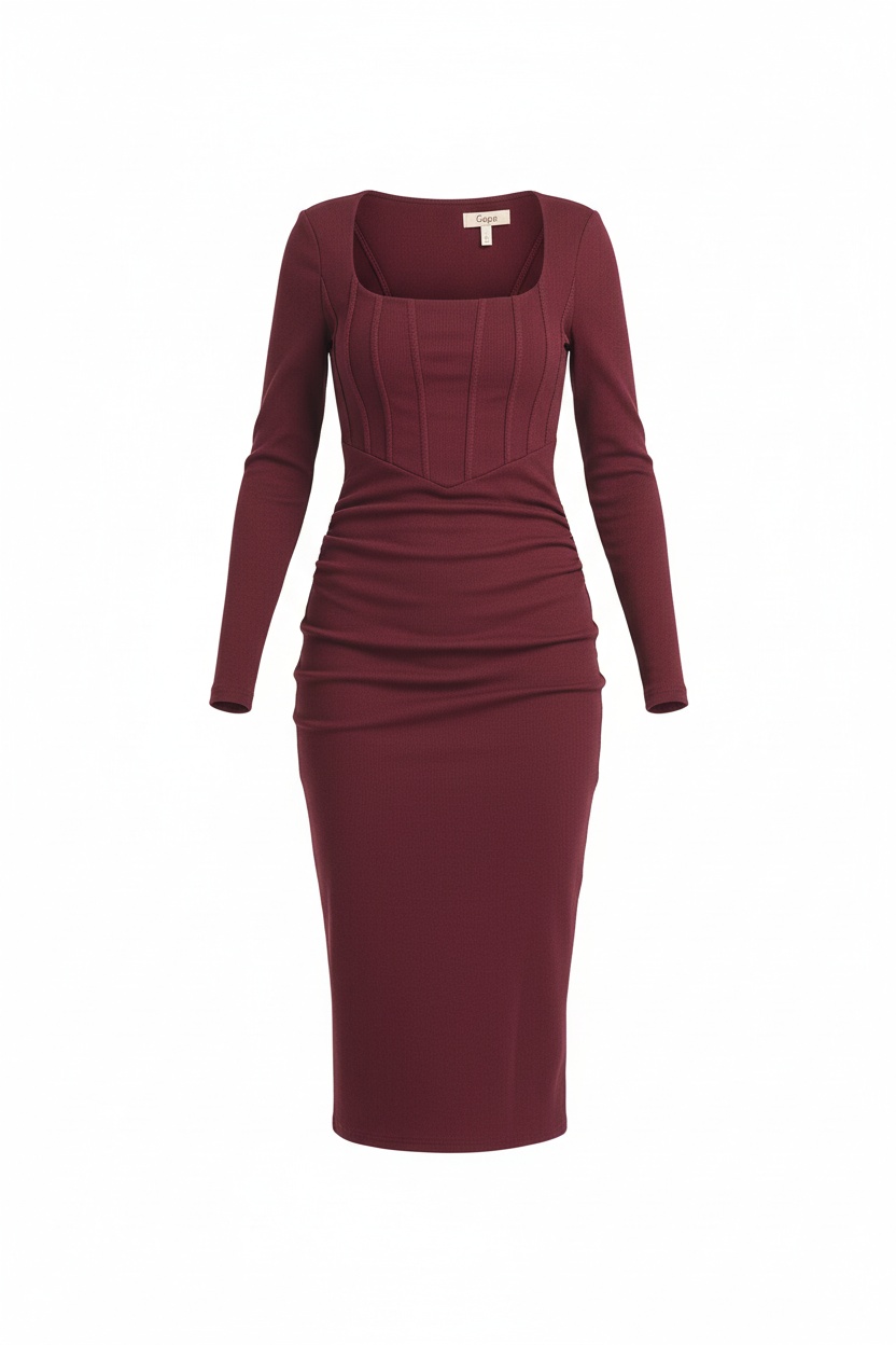 Elegant Burgundy Ribbed Long Sleeve Midi Dress photo 1
