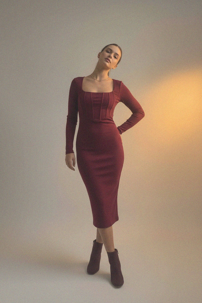 Elegant Burgundy Ribbed Long Sleeve Midi Dress photo 3