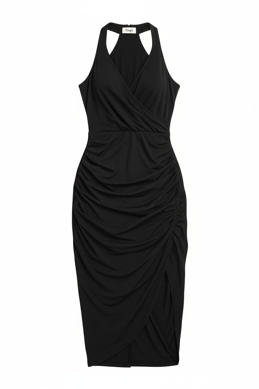 Black Halter Neck Ruched Midi Dress with High Slit photo 1