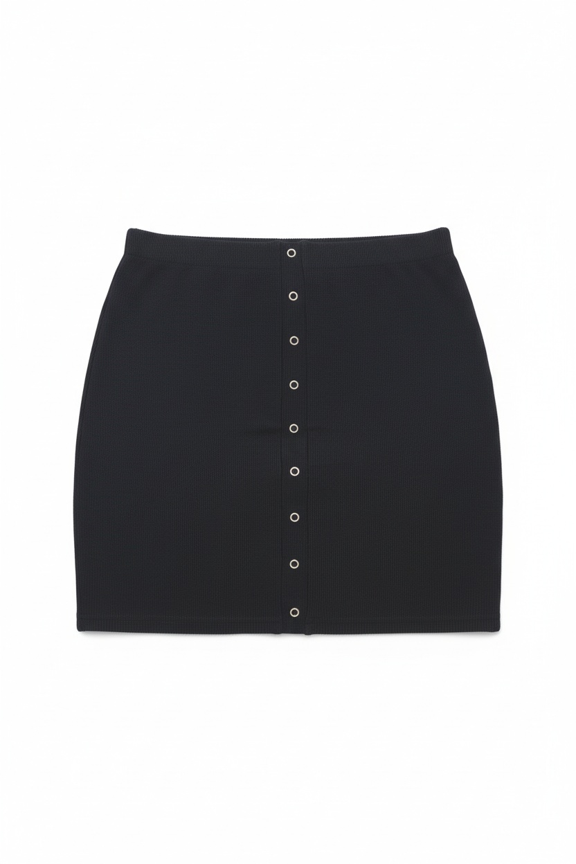 Black Ribbed Knit Mini Skirt with Snap Buttons photo 1