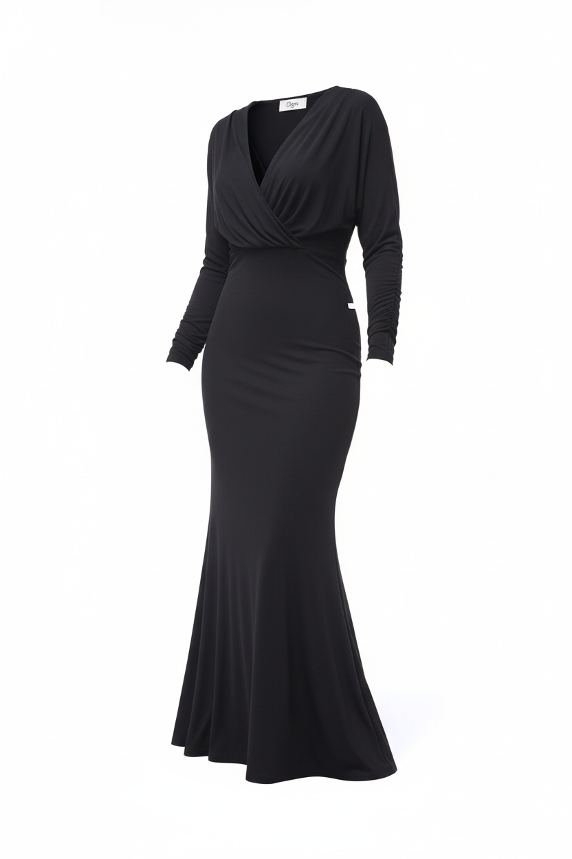 Elegant Black V-Neck Long Sleeve Maxi Dress photo 1