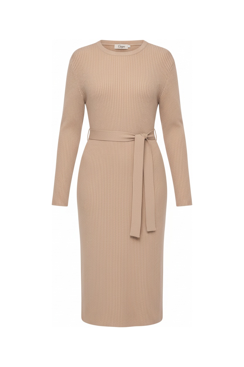 Ribbed Knit Midi Dress with Tie Waist photo 1