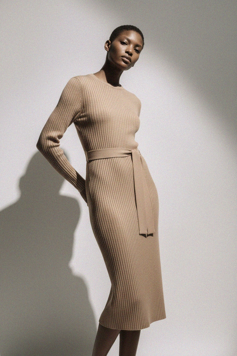 Ribbed Knit Midi Dress with Tie Waist photo 2