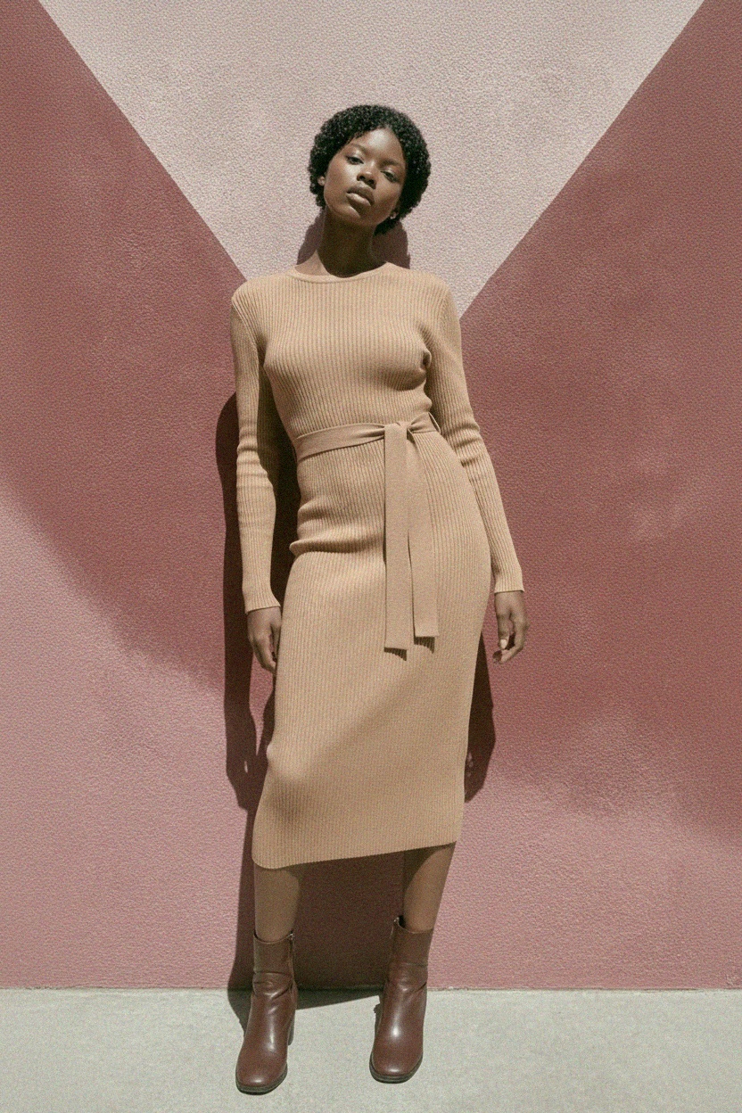 Ribbed Knit Midi Dress with Tie Waist photo 3