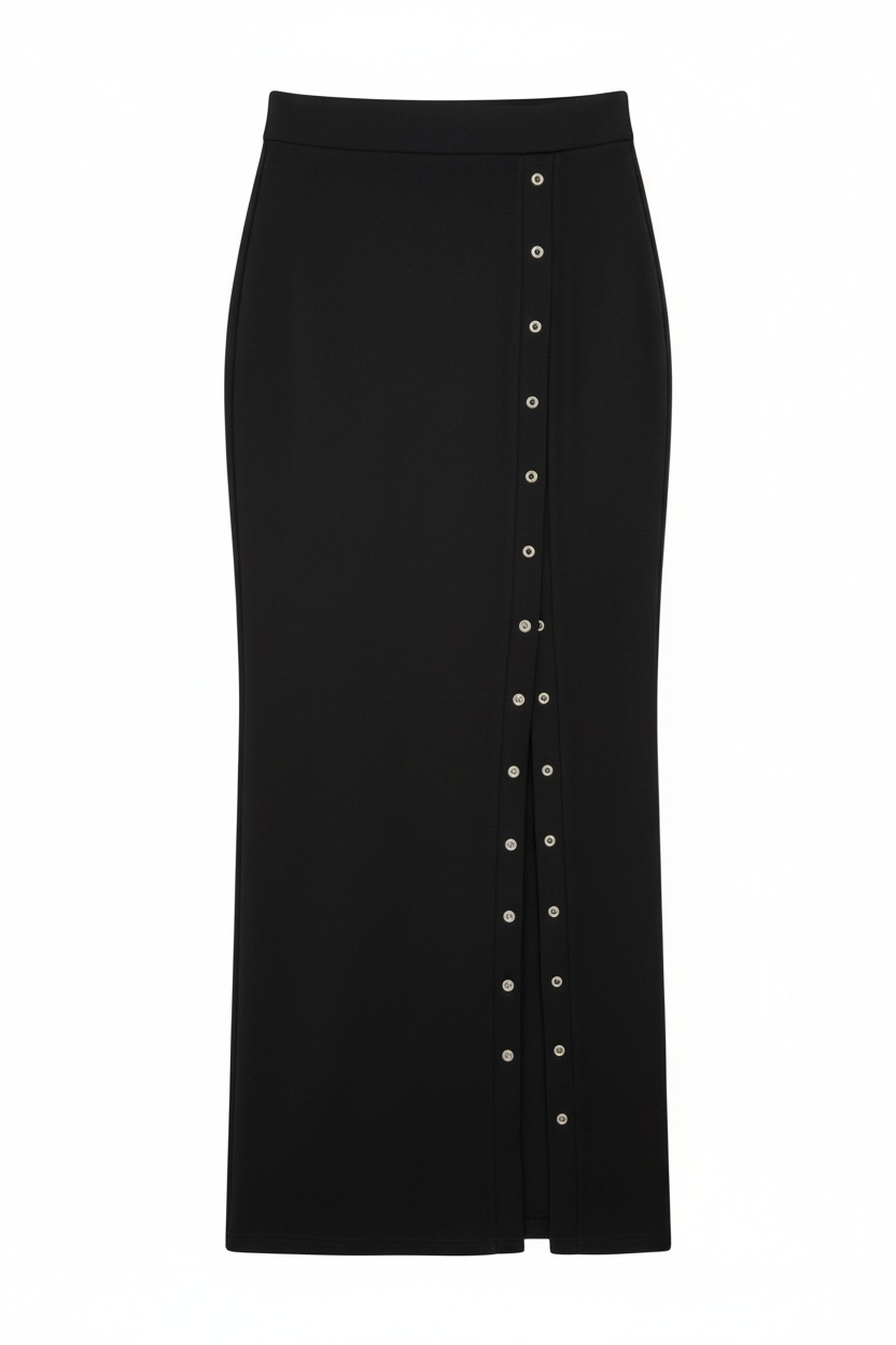 Black Maxi Skirt with Side Snap Buttons & High Slit photo 1
