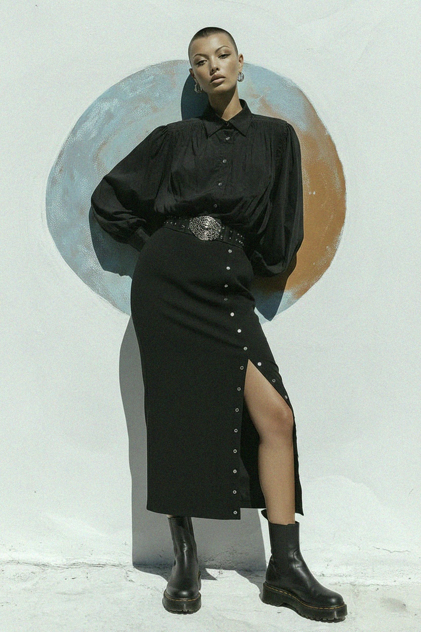 Black Maxi Skirt with Side Snap Button Slit photo 2